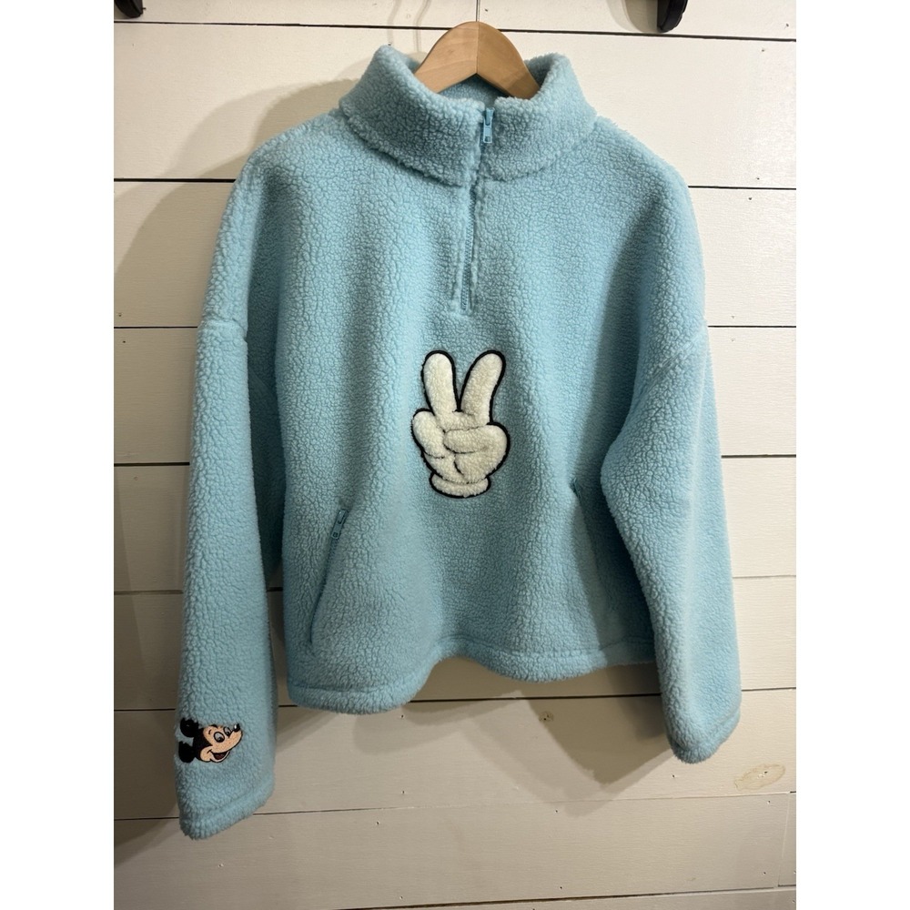 Disney Parks Women Mickey Mouse Peace Sign Fleece Pullover Blue Sweatshirt Large